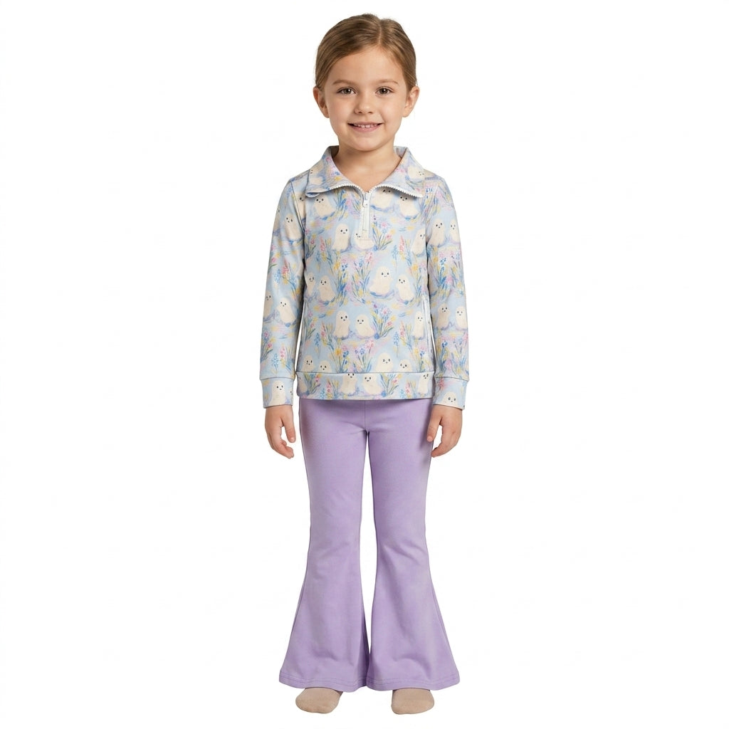 NO MOQ RTS GLP3506 Baby Girl Clothes Cute Ghost Floral Print Long Sleeve Top Purple Flare Pant Set