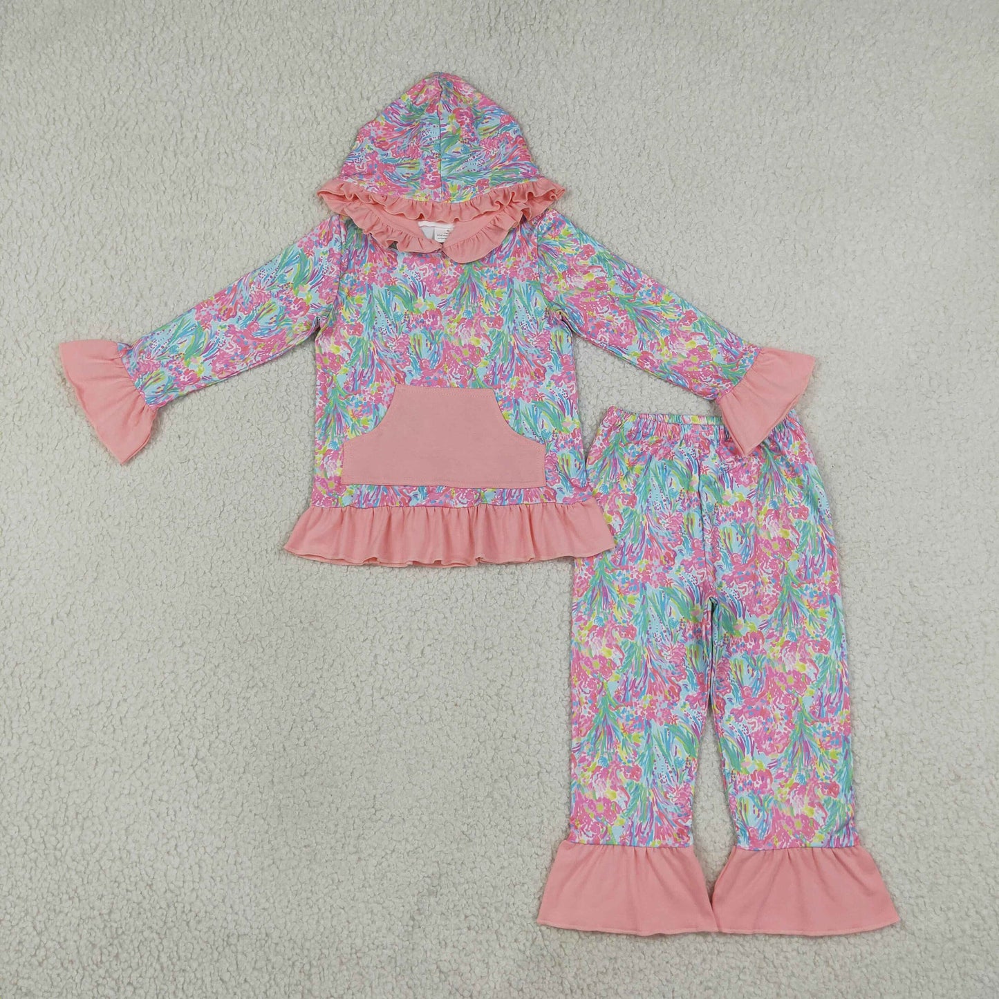 RTS GLP3519 Kids Floral Print Hoodie Top Flared Pants Outfit Set 202608