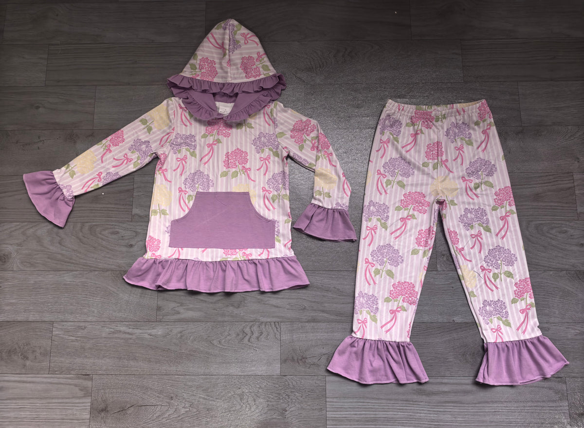 Sample-Real Pics GLP3521 Baby Girl Clothes Pink Rose Floral Print Long Sleeve Hooded Top And Ruffle Pant Set
