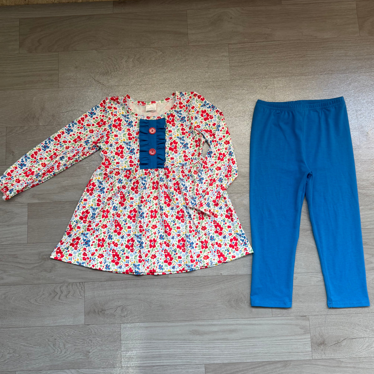 Sample-Real Pics GLP3522 Baby Girl Clothes Floral Mixed Print Long Sleeve Tunic Top Solid Blue Leggings Outfit Set