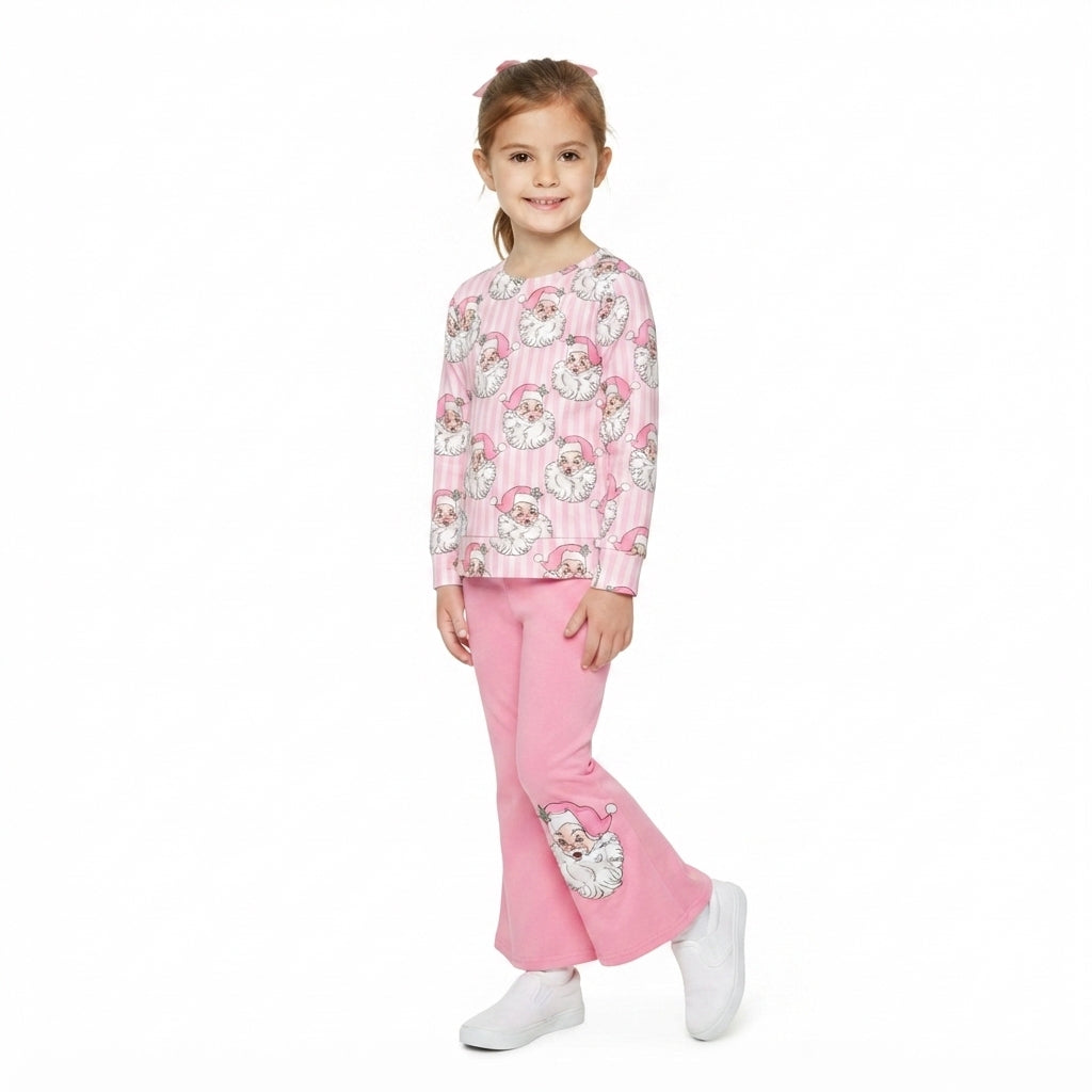 NO MOQ RTS GLP3538 Baby Girl Clothes Pink Stripe Santa Print Long Sleeve Top Santa Applique Flare Pants Set 202609