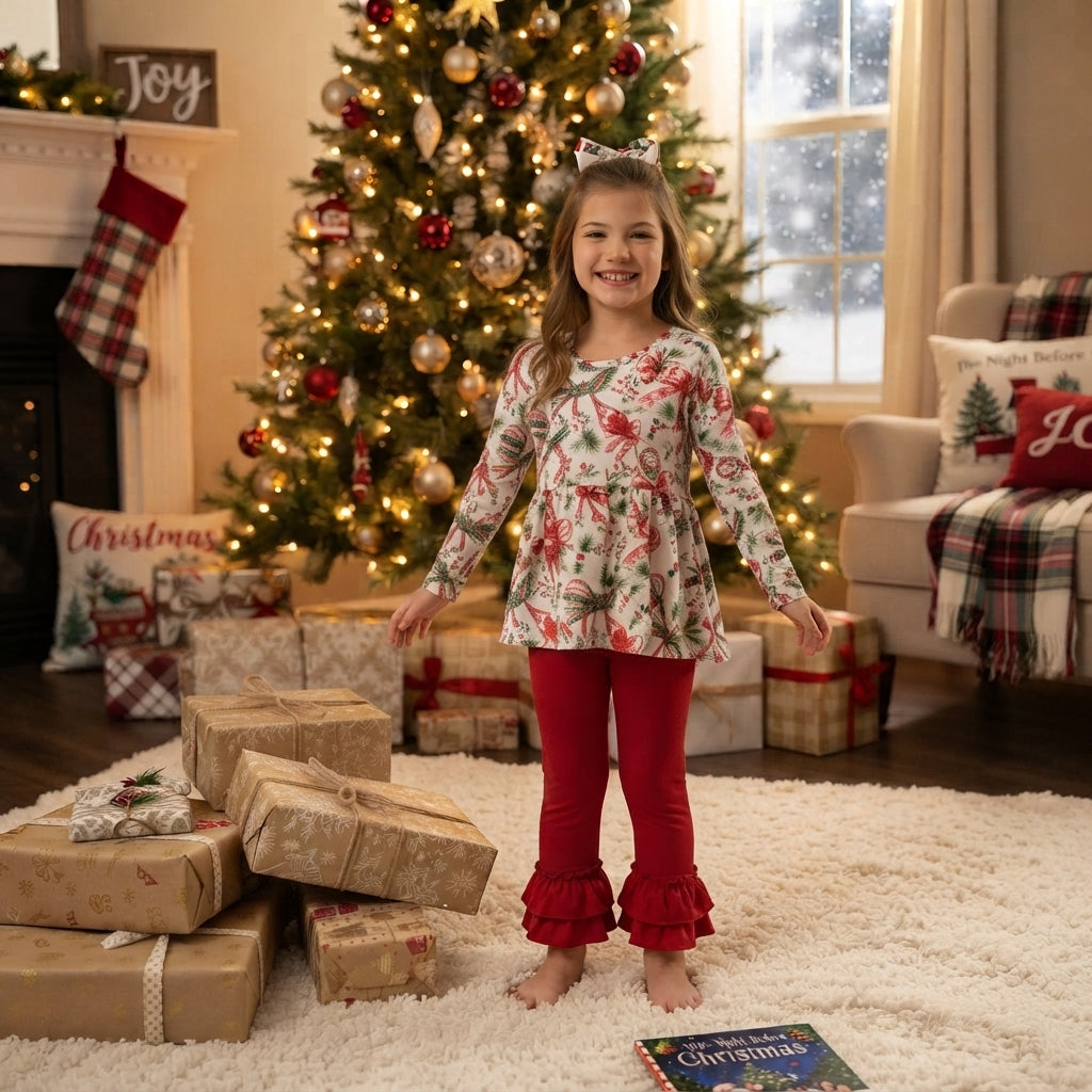 NO MOQ RTS GLP3541 Girls Christmas Tree Bow 2‑Piece Long Sleeve ruffle legging Pants Set