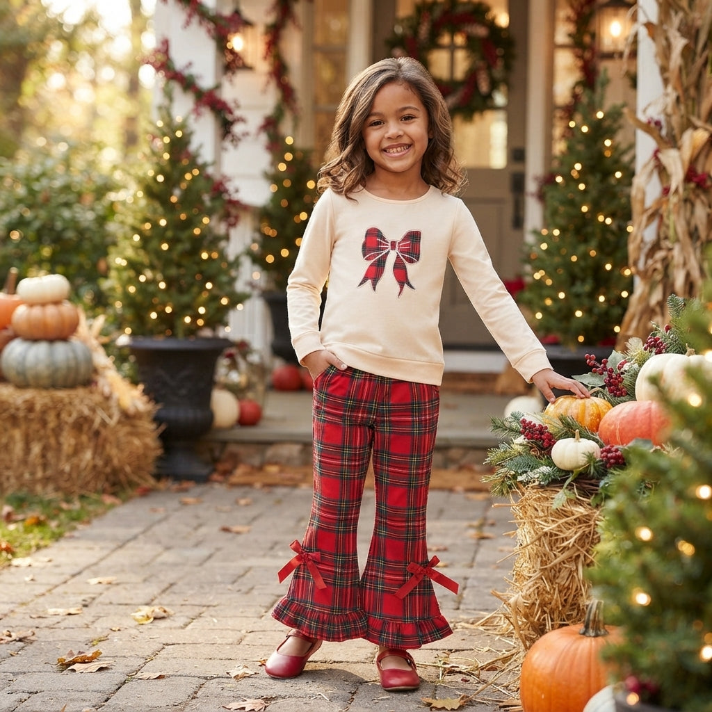 NO MOQ RTS GLP3547-embroidery Baby Girl Clothes Red Plaid Bow Embroidery Long Sleeve Top Ruffle Hem Bow Flare Pant Set 202609