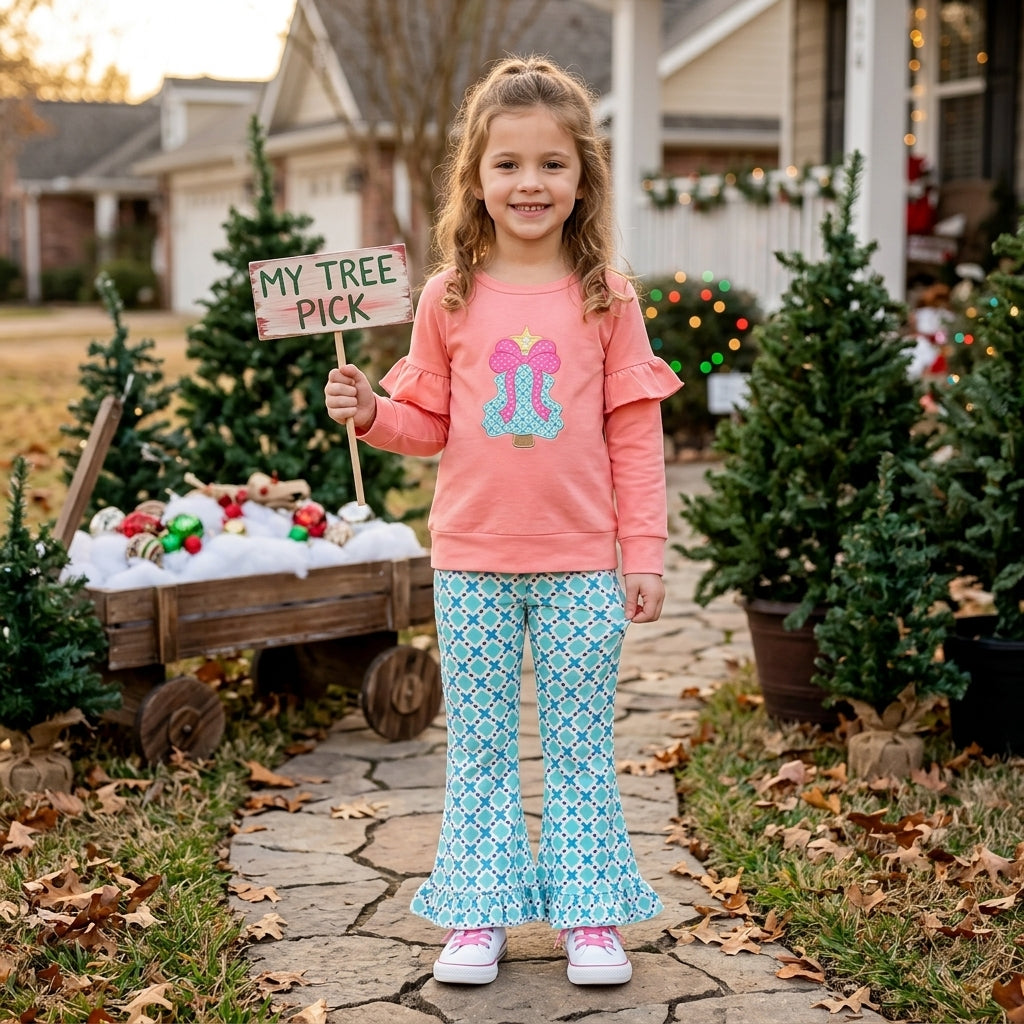 NO MOQ RTS GLP3548-embroidery (2) Baby Girl Clothes Pink Christmas Tree Bow Embroidery Ruffle Shoulder Top Blue Geometric Ruffle Flare Pant Set 202609