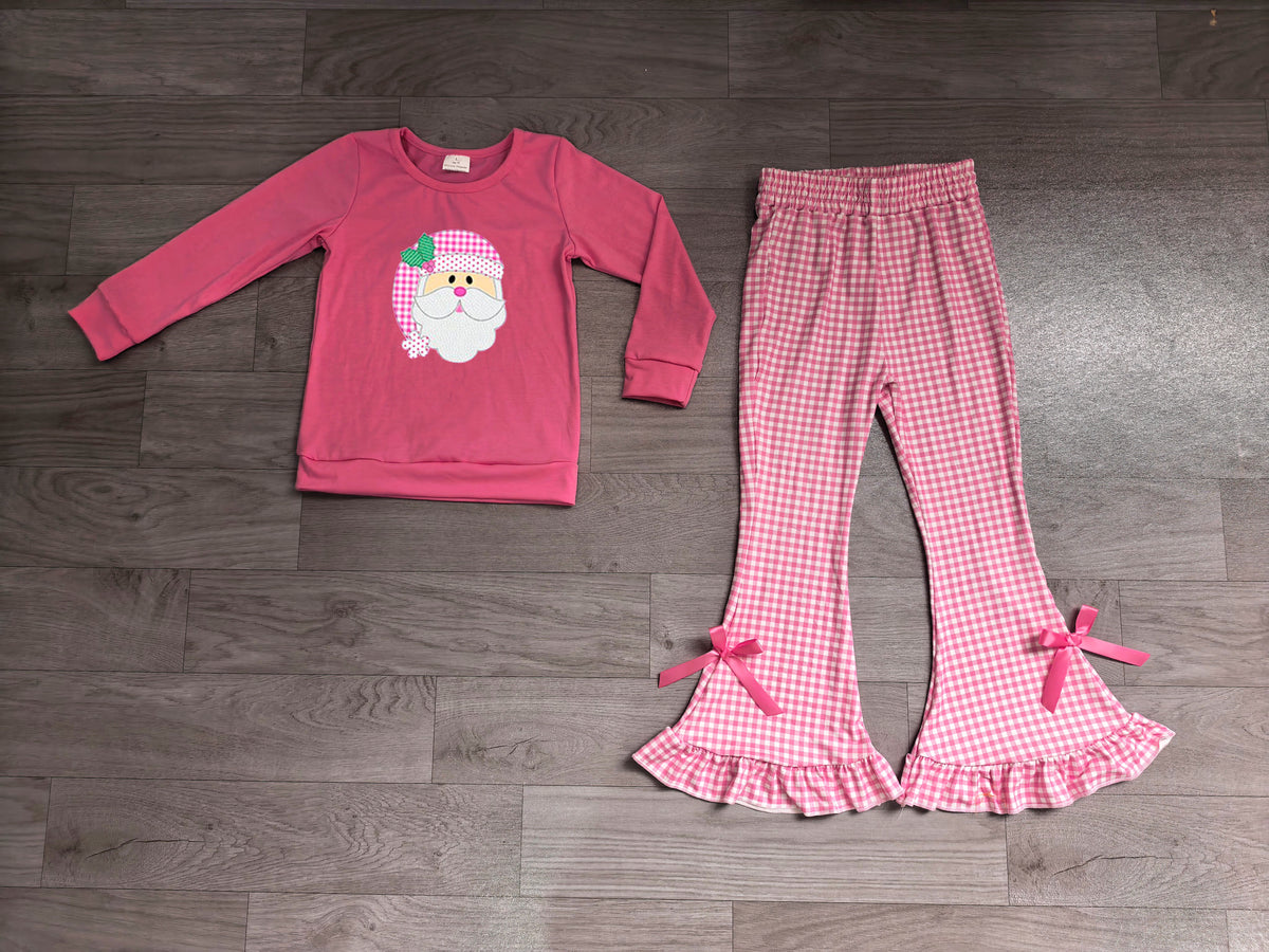 Sample-Real Pics GLP3561 Baby Girl Clothes Santa Graphic Print Long Sleeve Top Gingham Bow Flare Pant Set