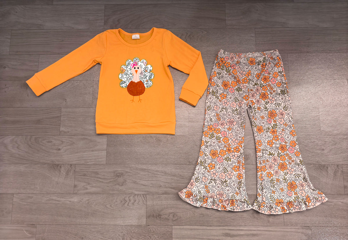Sample-Real Pics GLP3563 Baby Girl Clothes Turkey Applique Floral Print Long Sleeve Top & Flare Pant Set