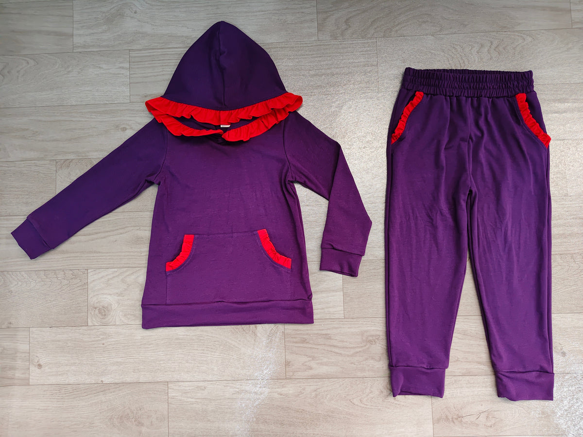 Sample-Real Pics GLP3564 Baby Girl Clothes Solid Purple Red Ruffle Trim Print Long Sleeve Hoodie Jogger Pant Set