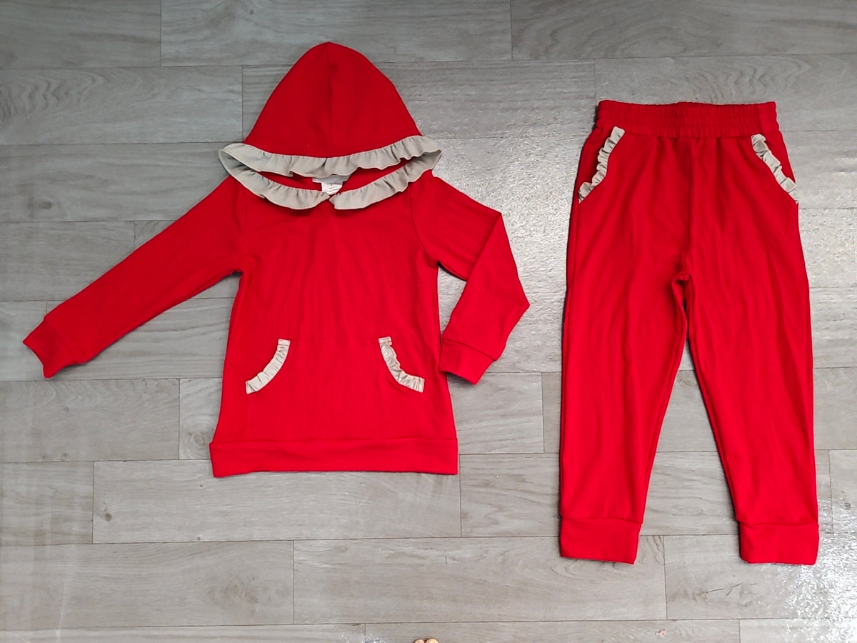 Sample-Real Pics GLP3565 Baby Girl Clothes Solid Red Gray Ruffle Trim Print Long Sleeve Hoodie Jogger Pant Set