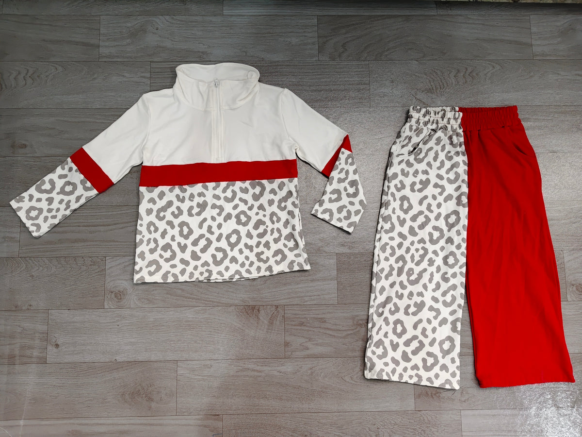Sample-Real Pics GLP3579 Baby Girl Clothes Grey Leopard Color Block Print Long Sleeve Half Zip Top Split Wide Leg Pant Set