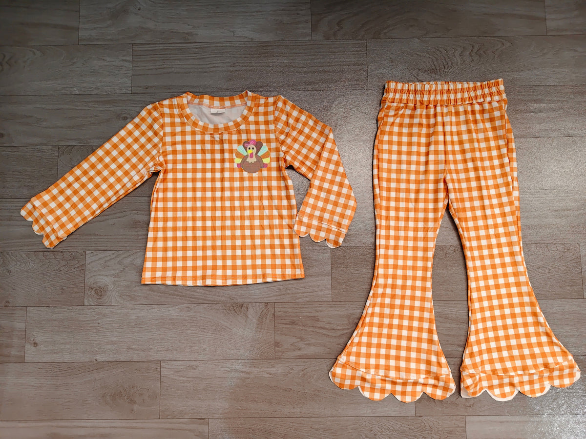 Sample-Real Pics GLP3588 Baby Girl Clothes Orange Gingham Turkey Applique Print Long Sleeve Scallop Cuff Top Scallop Hem Flare Pant Set
