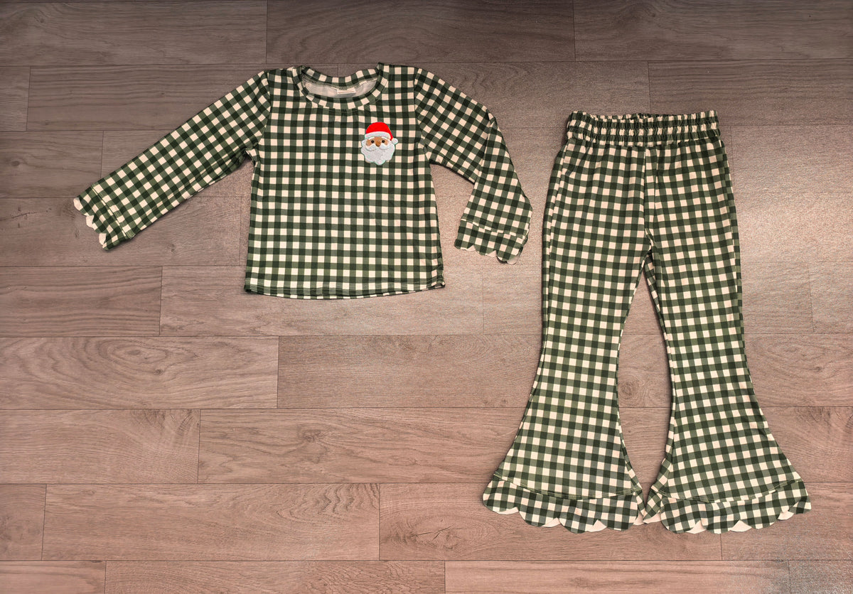 Sample-Real Pics GLP3589 Baby Girl Clothes Santa Patch Gingham Print Long Sleeve Top & Scallop Flare Pant Set