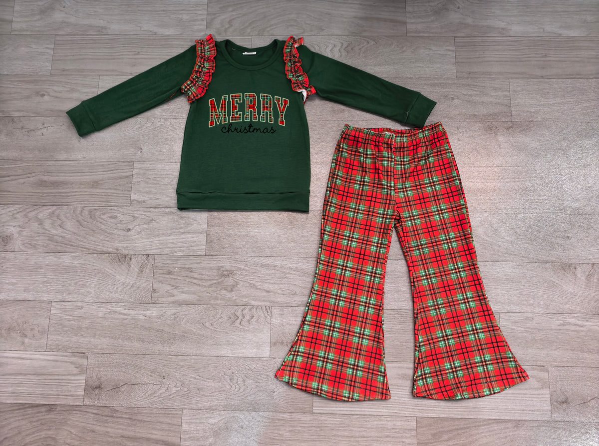 Sample-Real Pics GLP3595 Baby Girl Clothes Merry Christmas Letter Plaid Print Long Sleeve Top Flare Pant Set