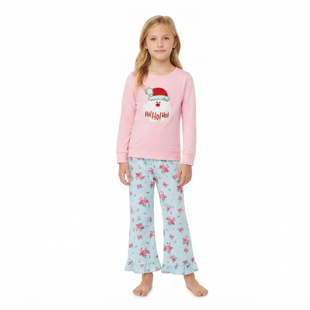NO MOQ RTS GLP3596-embroidery Baby Girl Clothes Santa Applique Mix Floral Print Long Sleeve Top Ruffle Flare Pant Set 202610