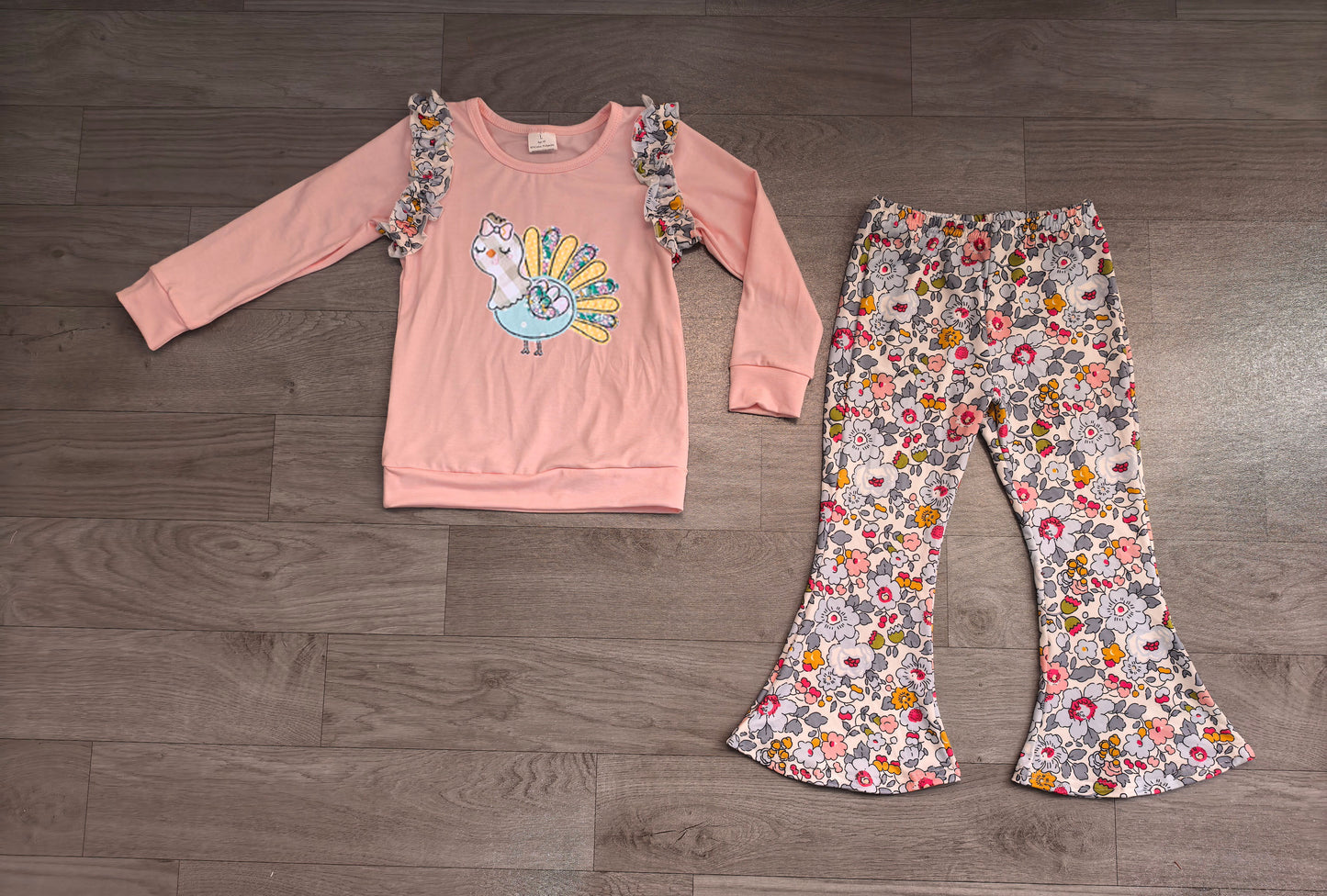 RTS GLP3597 Unicorn Embroidery Ruffle Shoulder Long Sleeve Top Floral Flare Pants Girls Outfit 202608