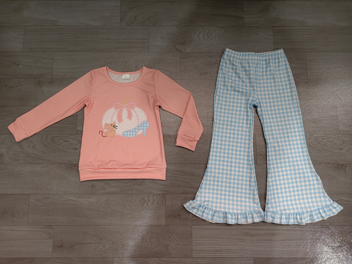 Sample-Real Pics GLP3598 Baby Girl Clothes Pumpkin Mouse Bow Graphic Print Long Sleeve Top Gingham Ruffle Flare Pant Set