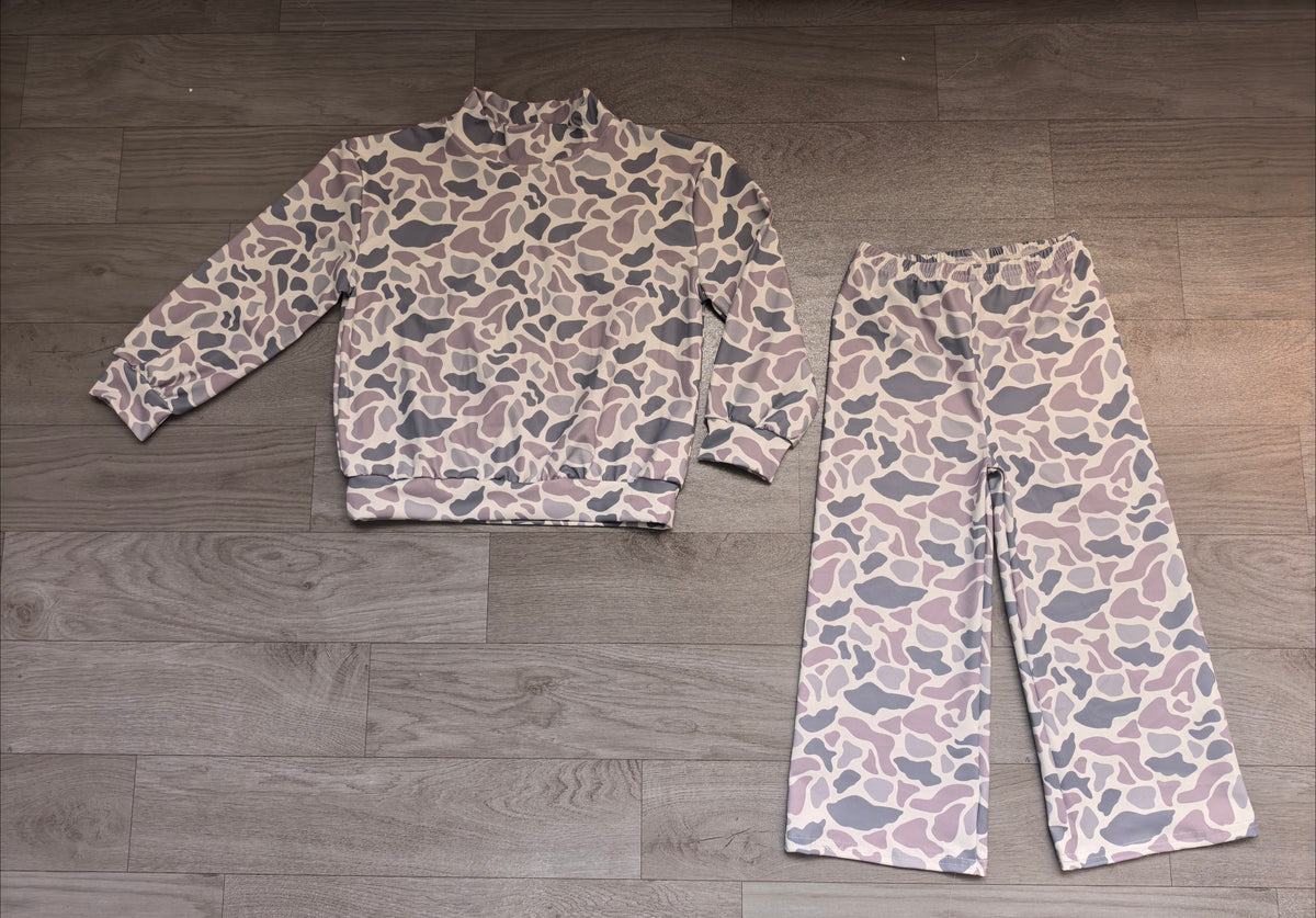 Sample-Real Pics GLP3600 yoga Baby Girl Clothes Neutral Camo Print Long Sleeve Mock Neck Top Wide Leg Pant Set