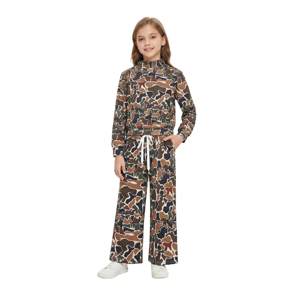 NO MOQ RTS GLP3601-yoga Baby Girl Clothes Retro Camo Cow Print Long Sleeve Stand Collar Top Cropped Pants Outfit Set 202609