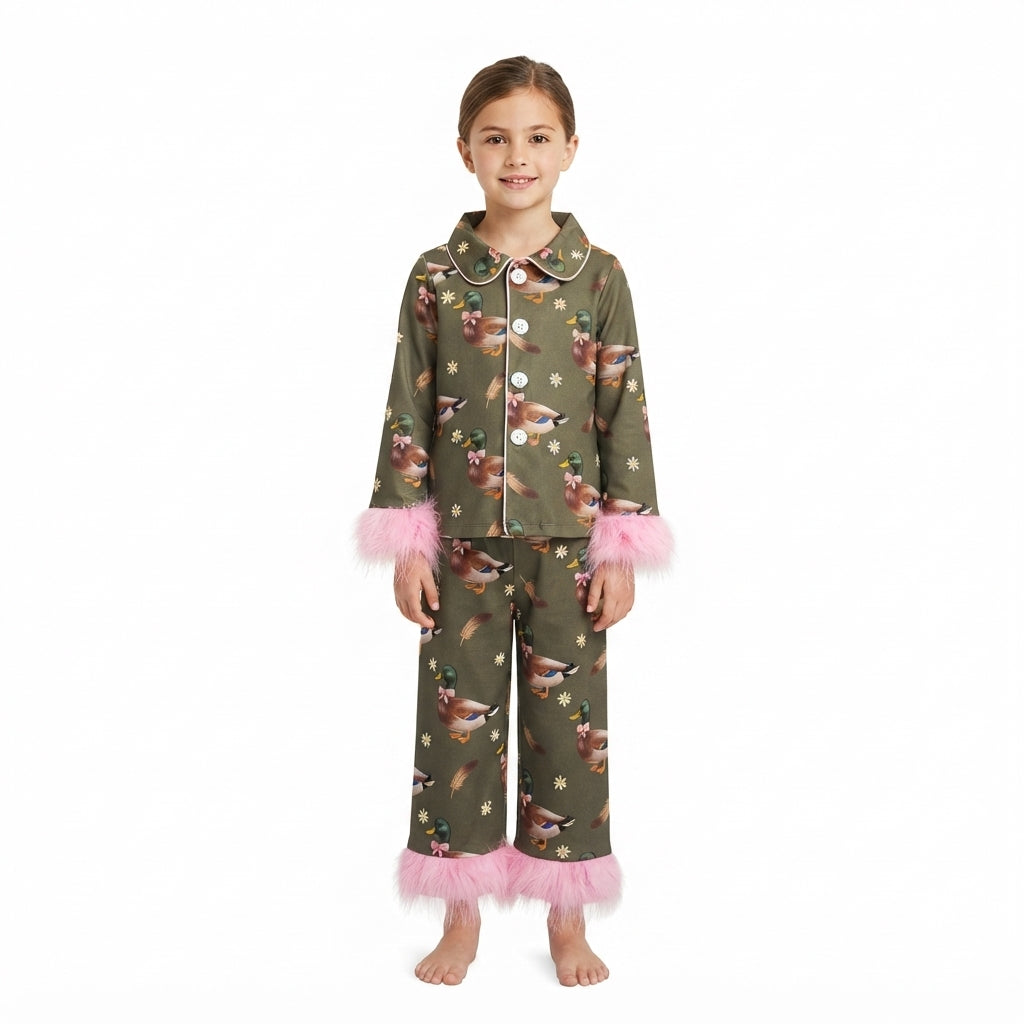 NO MOQ RTS GLP3629 (2) Baby Girl Clothes Mallard Duck Floral Print Long Sleeve Feather Cuff Pajama Set 202609