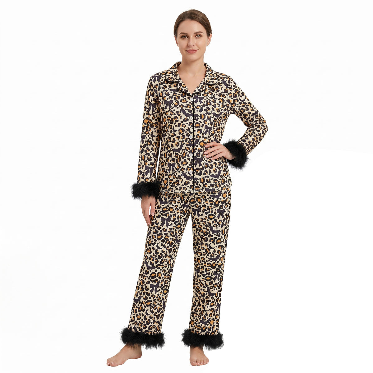 NO MOQ RTS GLP3639(1)-women Clothes Leopard Bat Moon Bow Print Long Sleeve Furry Cuff Collared Pajama Set 202609