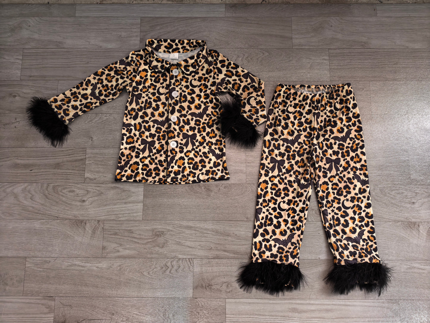 RTS GLP3640 Kids Leopard Print Fuzzy Feather Trim Button‑Up 2Pcs Pajama Set