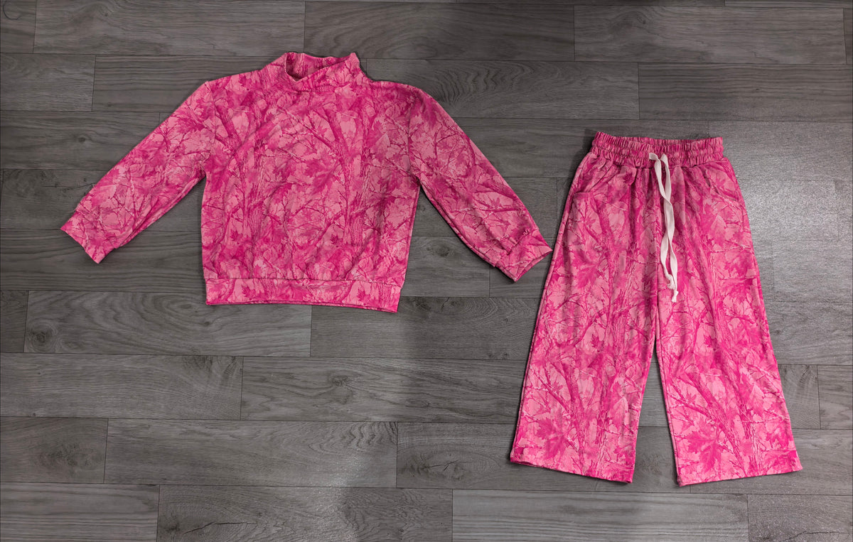 Sample-Real Pics GLP3650 Baby Girl Clothes Pink Tree Camo Print Long Sleeve Mock Neck Top Wide Leg Pant Set