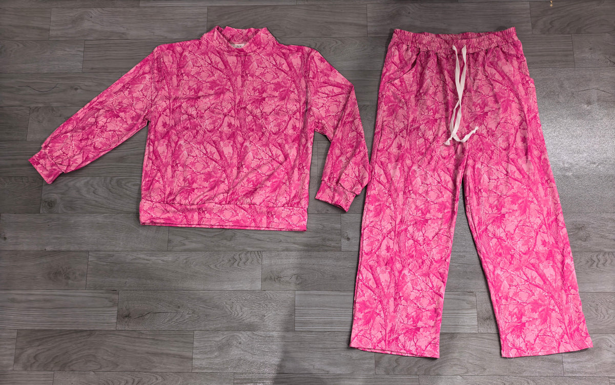 Sample-Real Pics GLP3651 Women Clothes Pink Tree Camo Print Long Sleeve Mock Neck Top Straight Pant Set