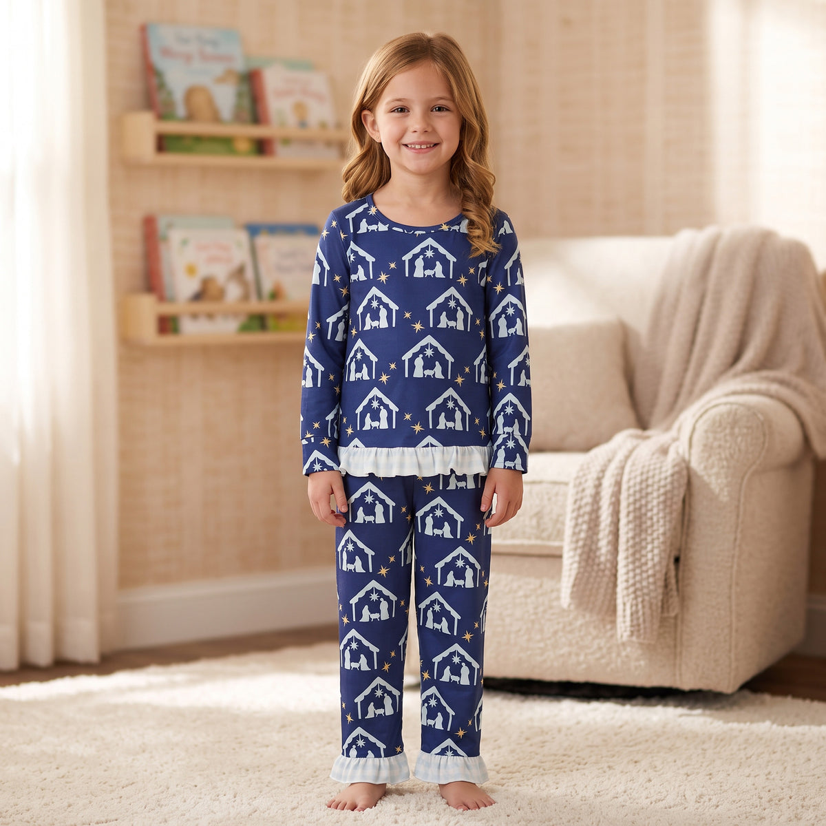 NO MOQ RTS GLP3659 Baby Girl Clothes Christmas Nativity Scene Full Print Long Sleeve Ruffle Pant Set 202609