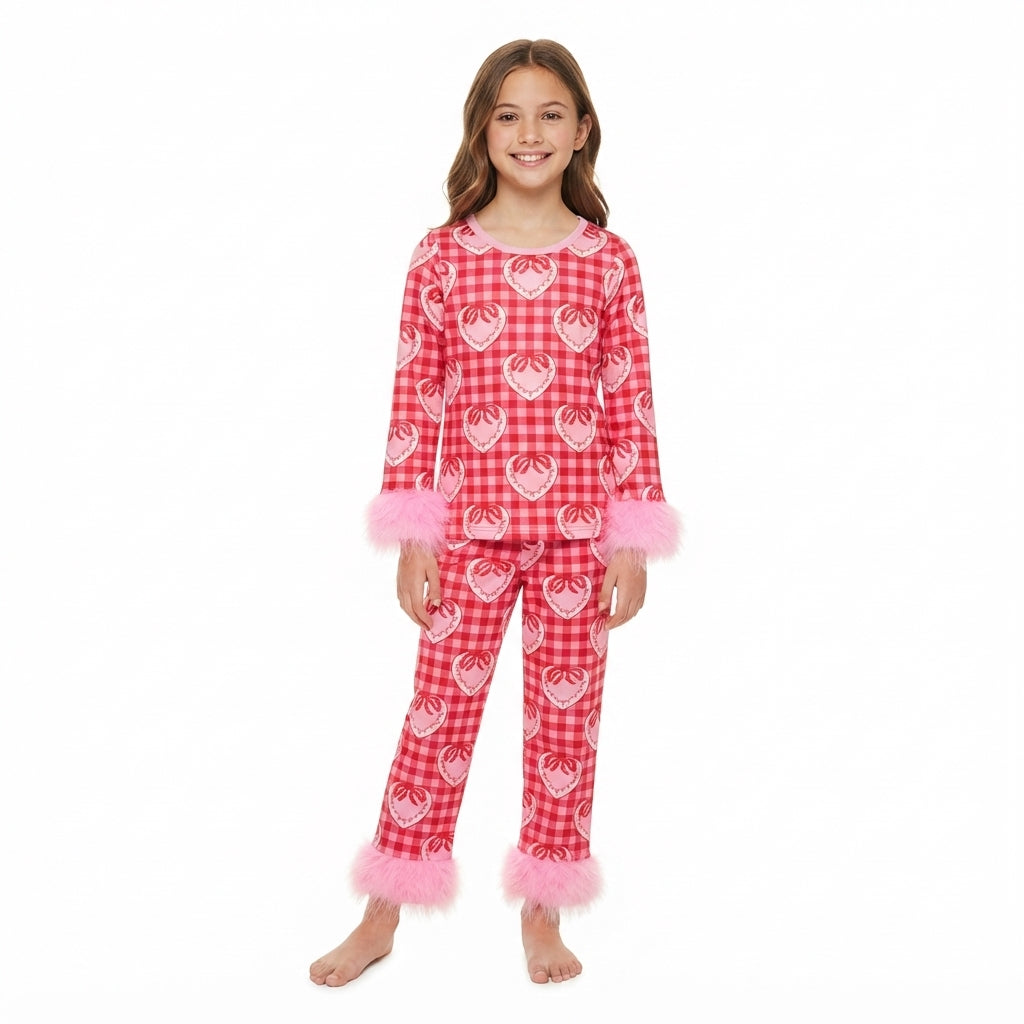 NO MOQ RTS GLP3669 (2) Baby Girl Clothes Valentines Heart Gingham Print Long Sleeve Fuzzy Cuff Top Pant Set 202609