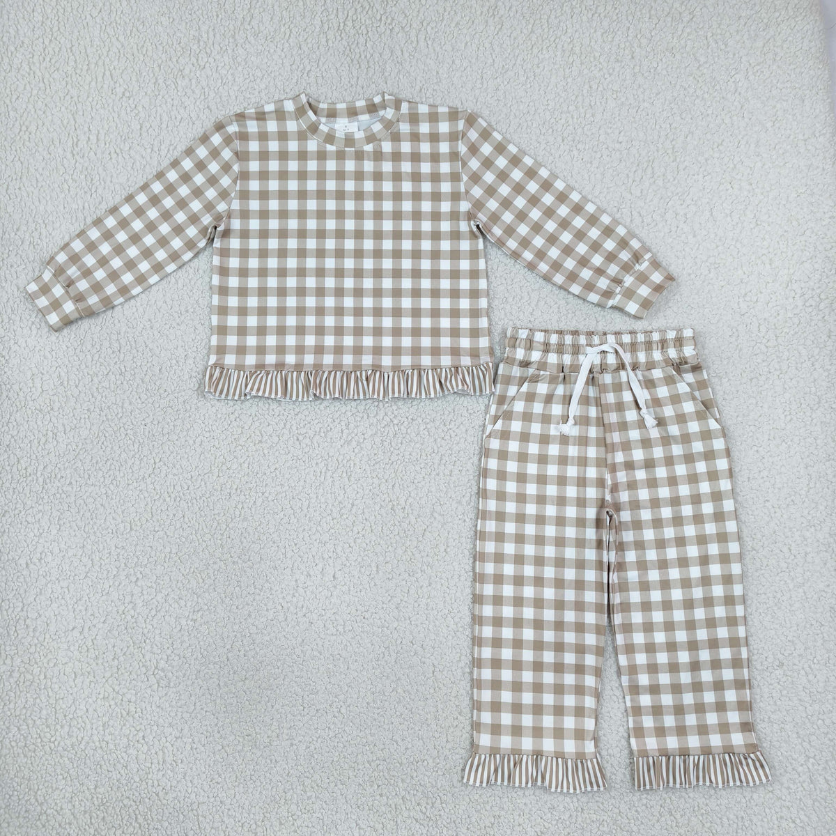 NO MOQ RTS GLP3674 Baby Girl Clothes Khaki Gingham Plaid Print Long Sleeve Ruffle Top And Pant Set 202610