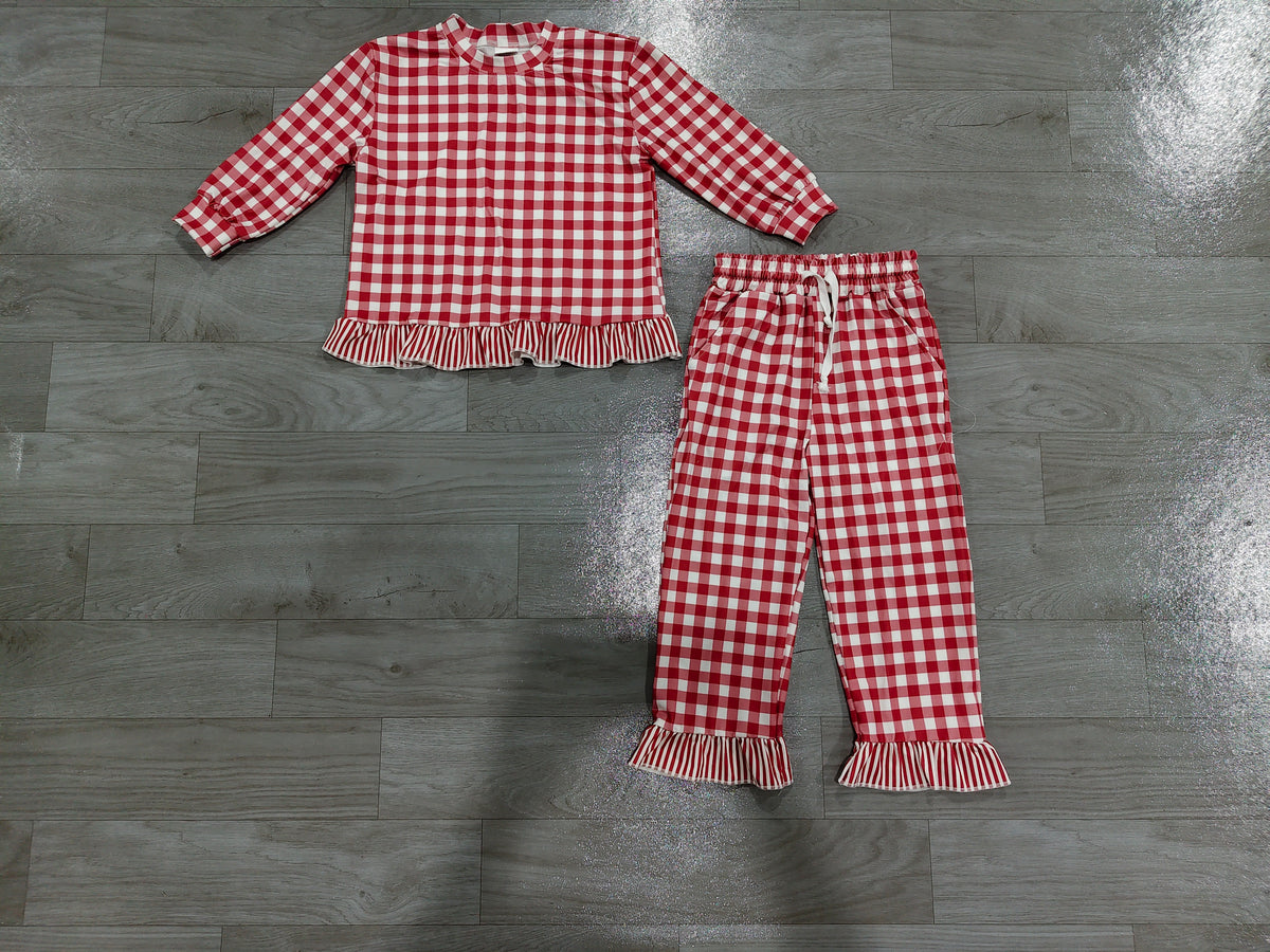 Sample-Real Pics GLP3675 Baby Girl Clothes Red Gingham Check Print Long Sleeve Ruffle Hem Pant Set