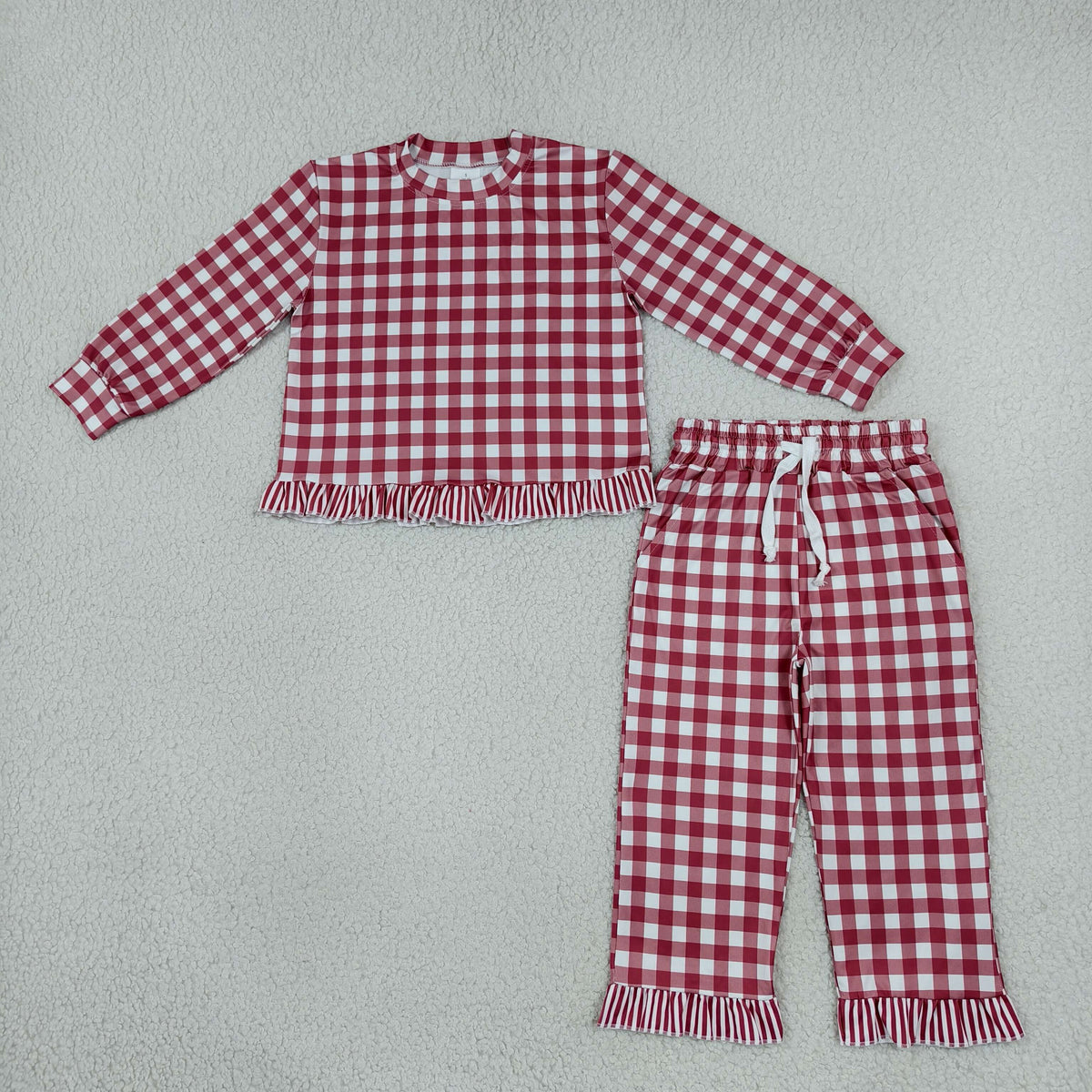 NO MOQ RTS GLP3675 Baby Girl Clothes Red Gingham Plaid Print Long Sleeve Ruffle Top And Pant Set 202610