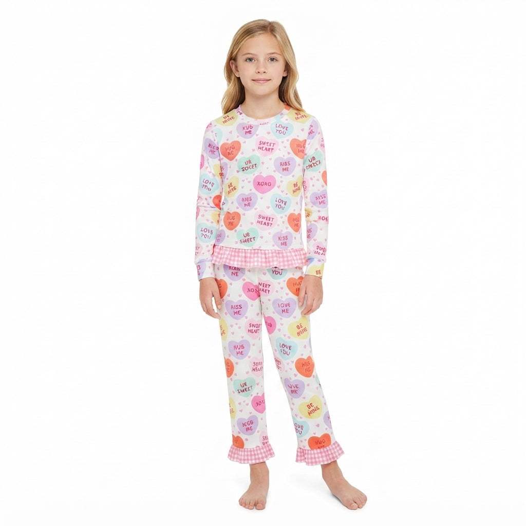 NO MOQ RTS GLP3676 Baby Girl Clothes Valentine Heart Text Allover Print Long Sleeve Ruffle Hem Pant Set 202610