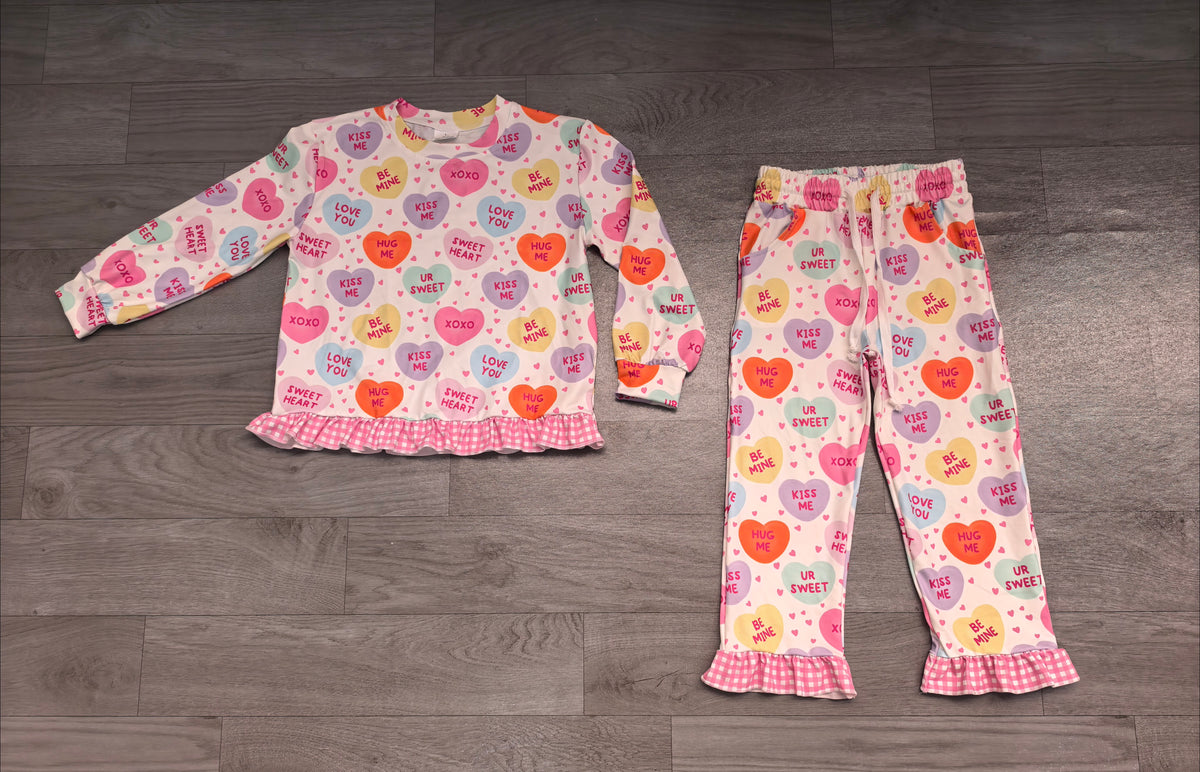 Sample-Real Pics GLP3676 Baby Girl Clothes Valentine Heart Text Print Long Sleeve Ruffle Pant Set