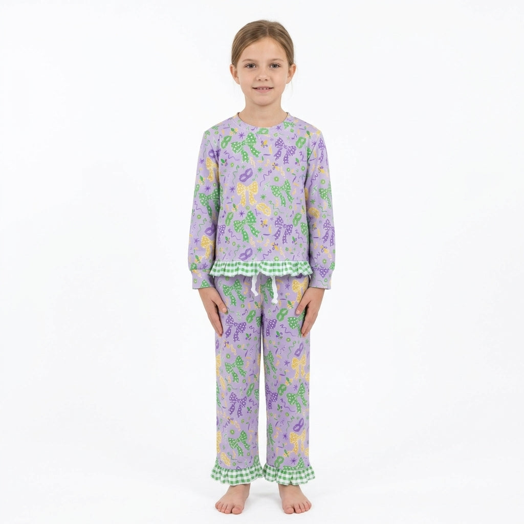 NO MOQ RTS GLP3680 Baby Girl Clothes Mardi Gras Bow Mask Mixed Print Long Sleeve Ruffle Pajama Set 202610