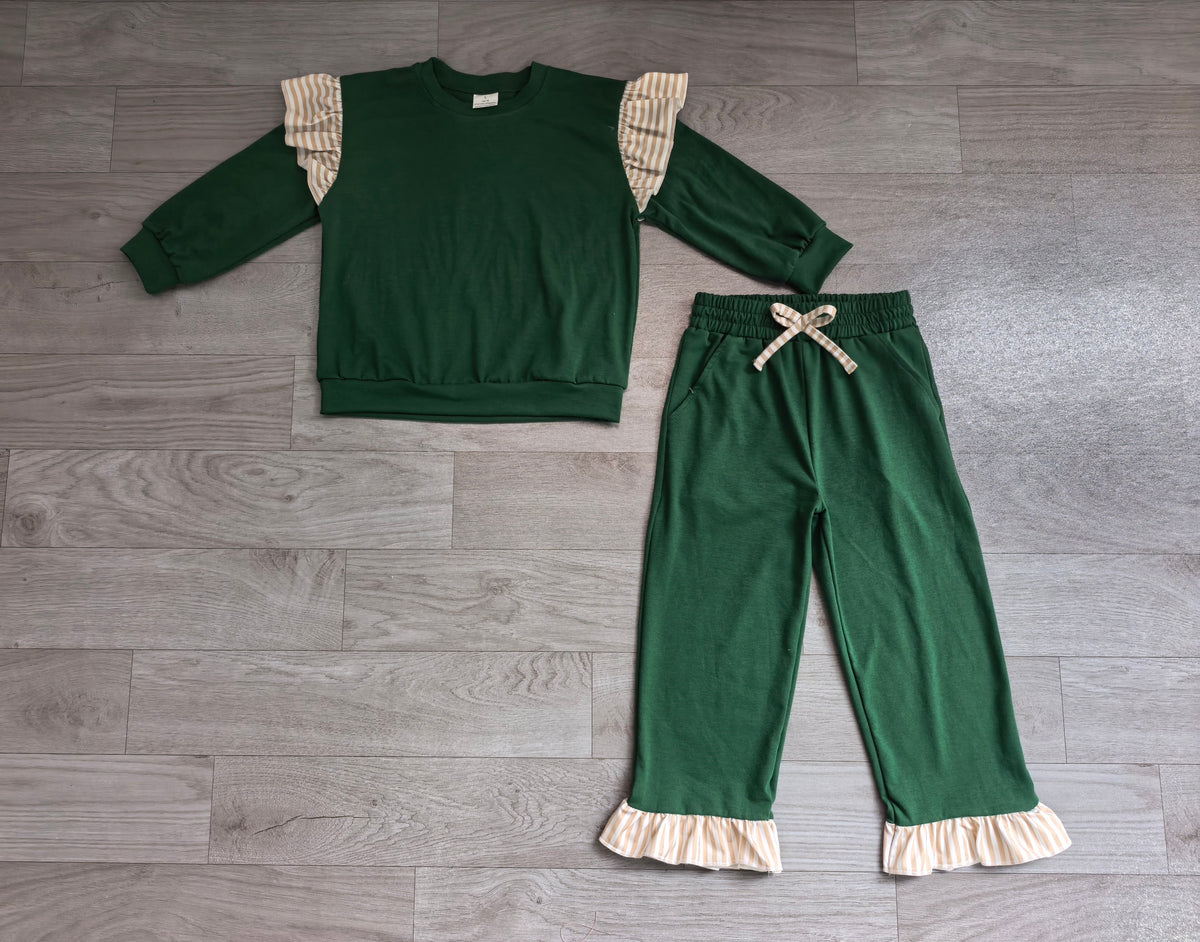 Sample-Real Pics GLP3698 Baby Girl Clothes Solid Green Contrast Stripe Print Long Sleeve Ruffle Top Pant Set