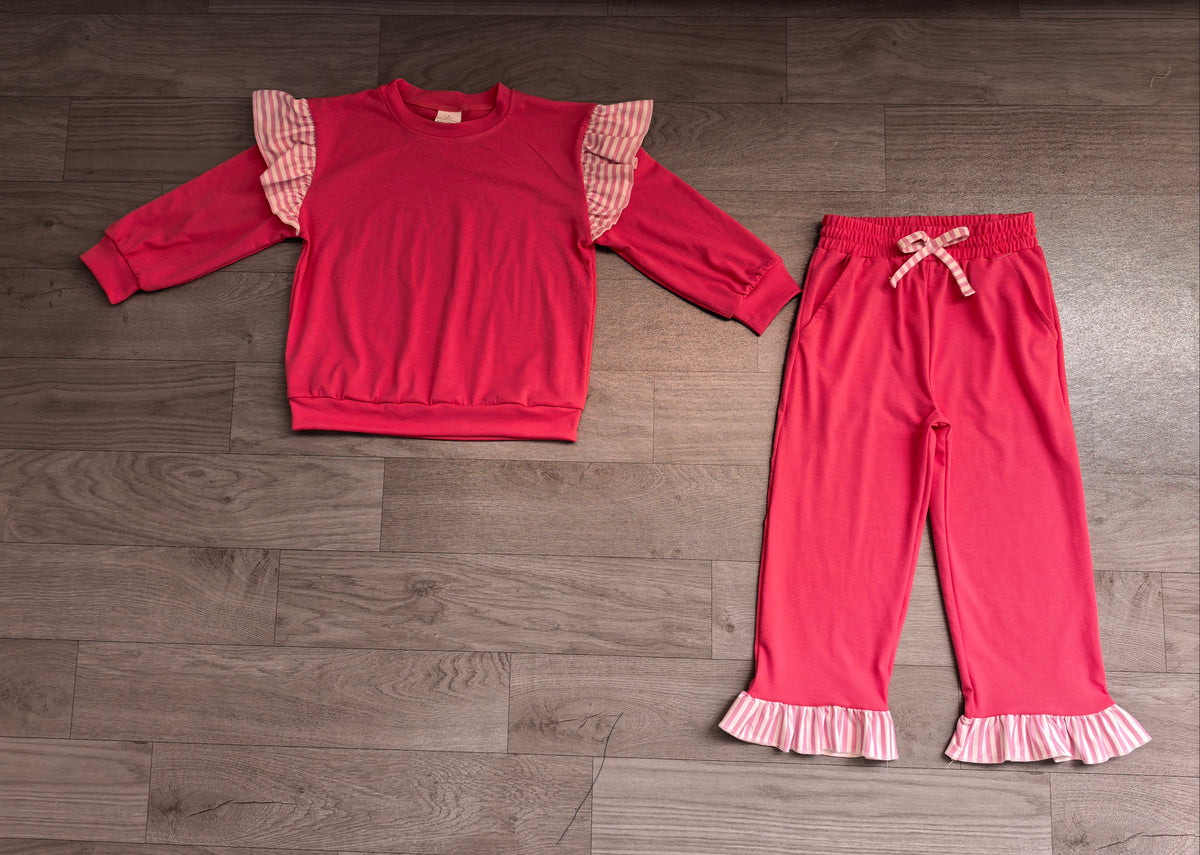 Sample-Real Pics GLP3701 Baby Girl Clothes Stripe Ruffle Trim Solid Plain Print Long Sleeve Flare Pant Set