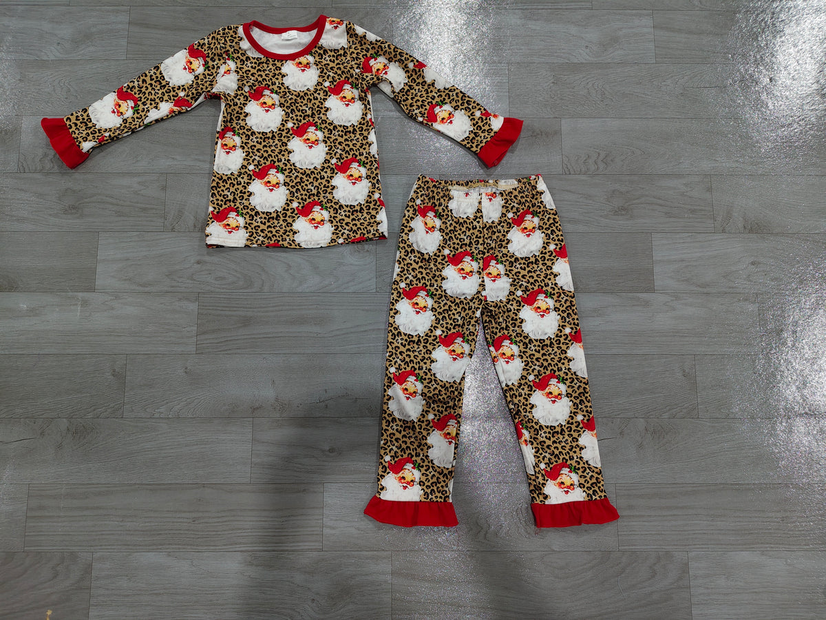 Sample-Real Pics GLP3708 Baby Girl Clothes Santa Leopard Mixed Print Long Sleeve Ruffle Pajama Set