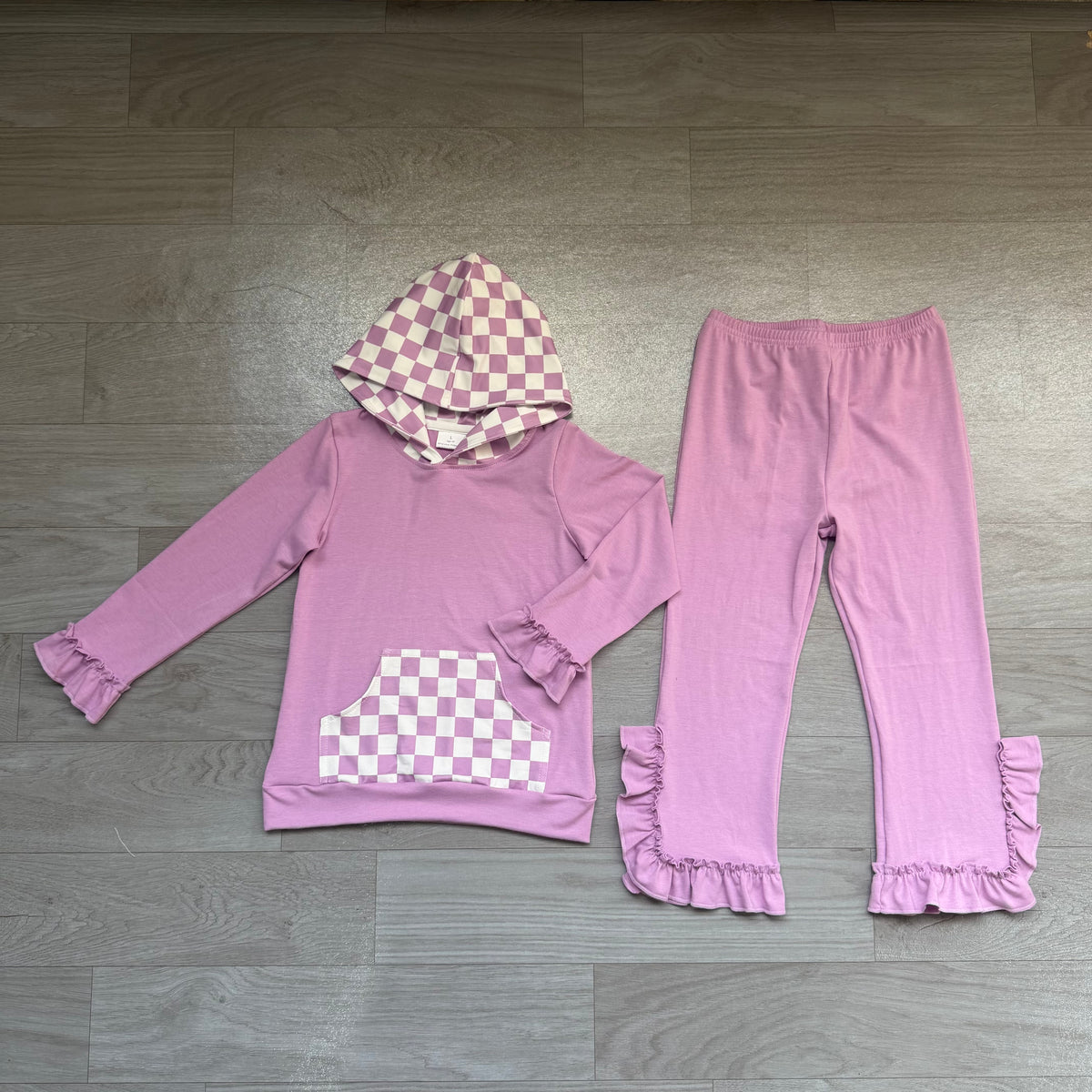 Sample-Real Pics GLP3710 Baby Girl Clothes Checkerboard Print Long Sleeve Hooded Top Ruffle Flare Pants Set