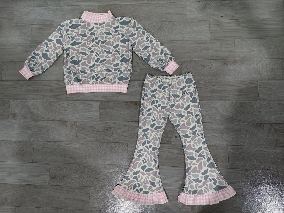 Sample-Real Pics GLP3737 Baby Girl Clothes Grey Cow Camo Print Long Sleeve Mock Neck Top Flare Pant Set