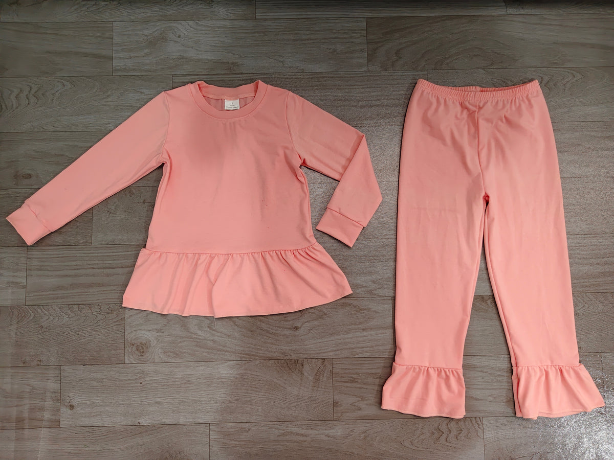 Sample-Real Pics GLP3746 Baby Girl Clothes Solid Peach Plain Print Long Sleeve Ruffle Tunic Top & Flare Pant Set