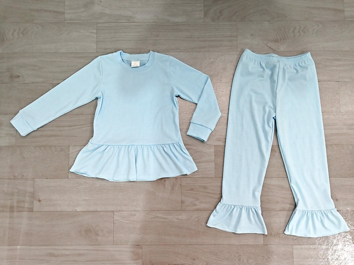 Sample-Real Pics GLP3748 Baby Girl Clothes Solid Light Blue Plain Print Long Sleeve Ruffle Tunic Top & Flare Pant Set