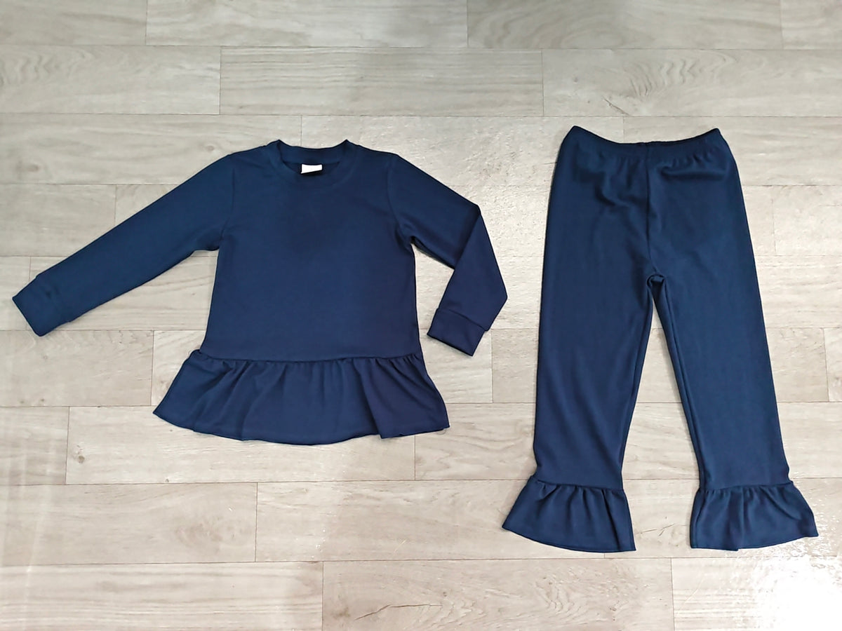 Sample-Real Pics GLP3750 Baby Girl Clothes Solid Navy Plain Print Long Sleeve Ruffle Tunic Top & Flare Pant Set