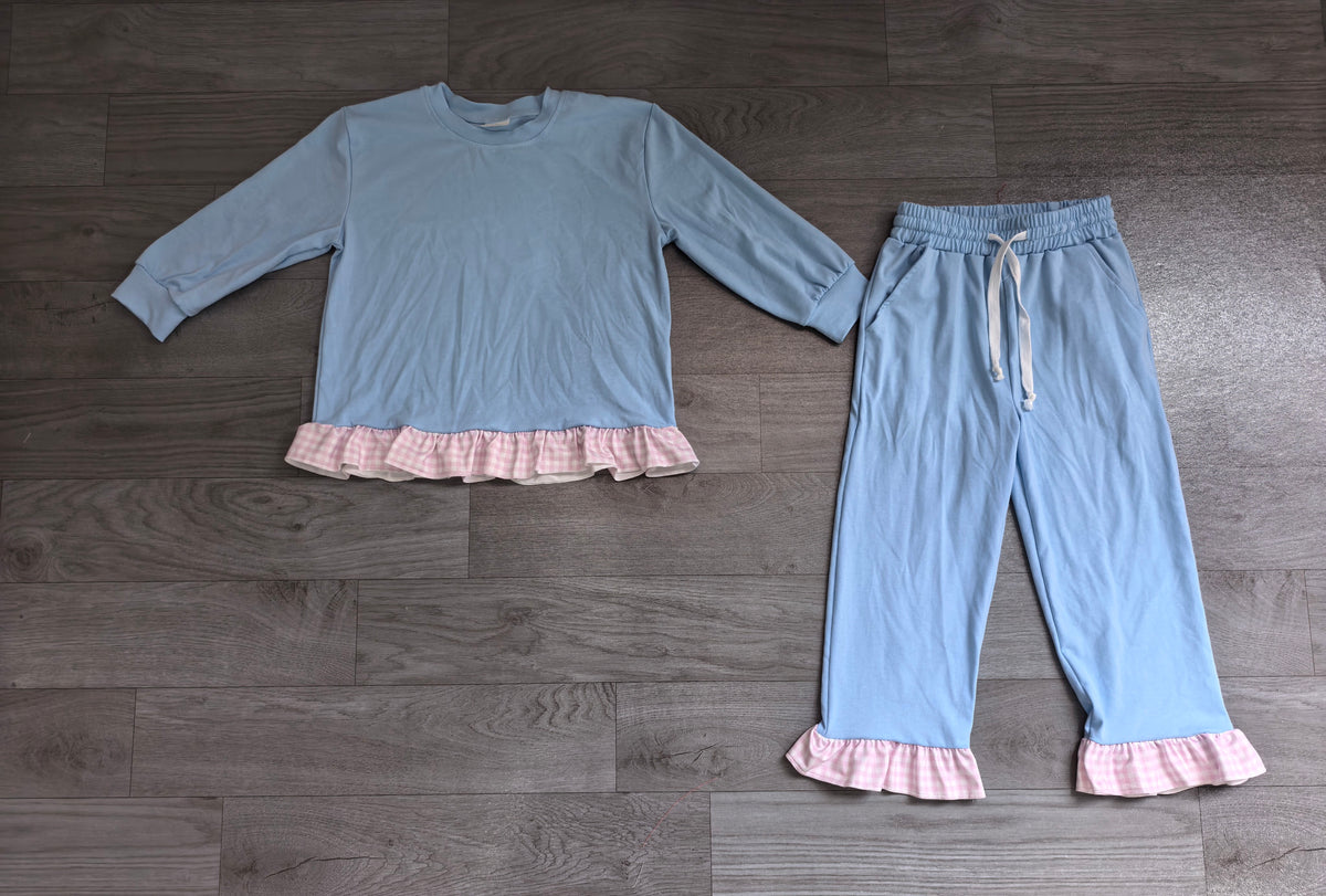 Sample-Real Pics GLP3753 Baby Girl Clothes Gingham Ruffle Trim Solid Plain Print Long Sleeve Flare Pant Set