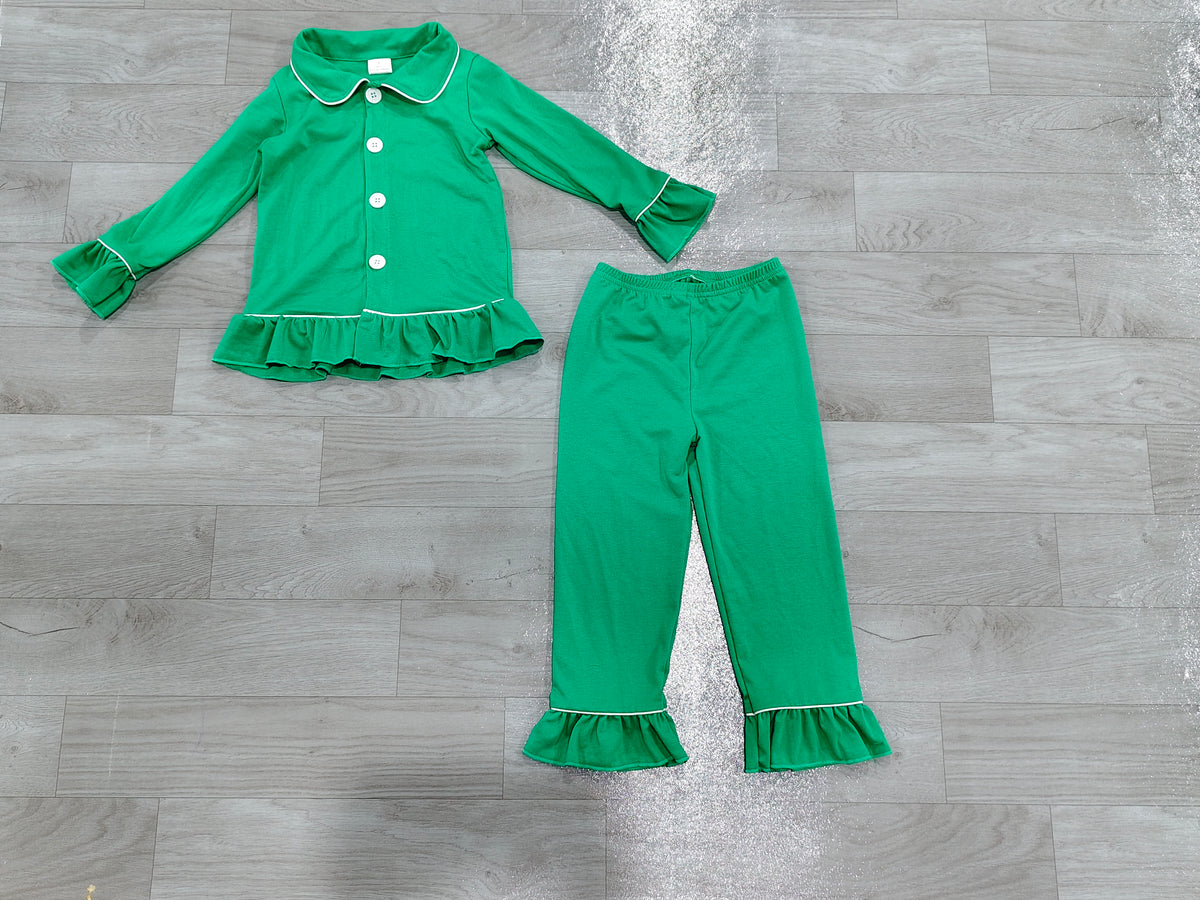 Sample-Real Pics GLP3781 Baby Girl Clothes Solid Red Stripe Ruffle Trim Print Long Sleeve Top Flare Pant Set