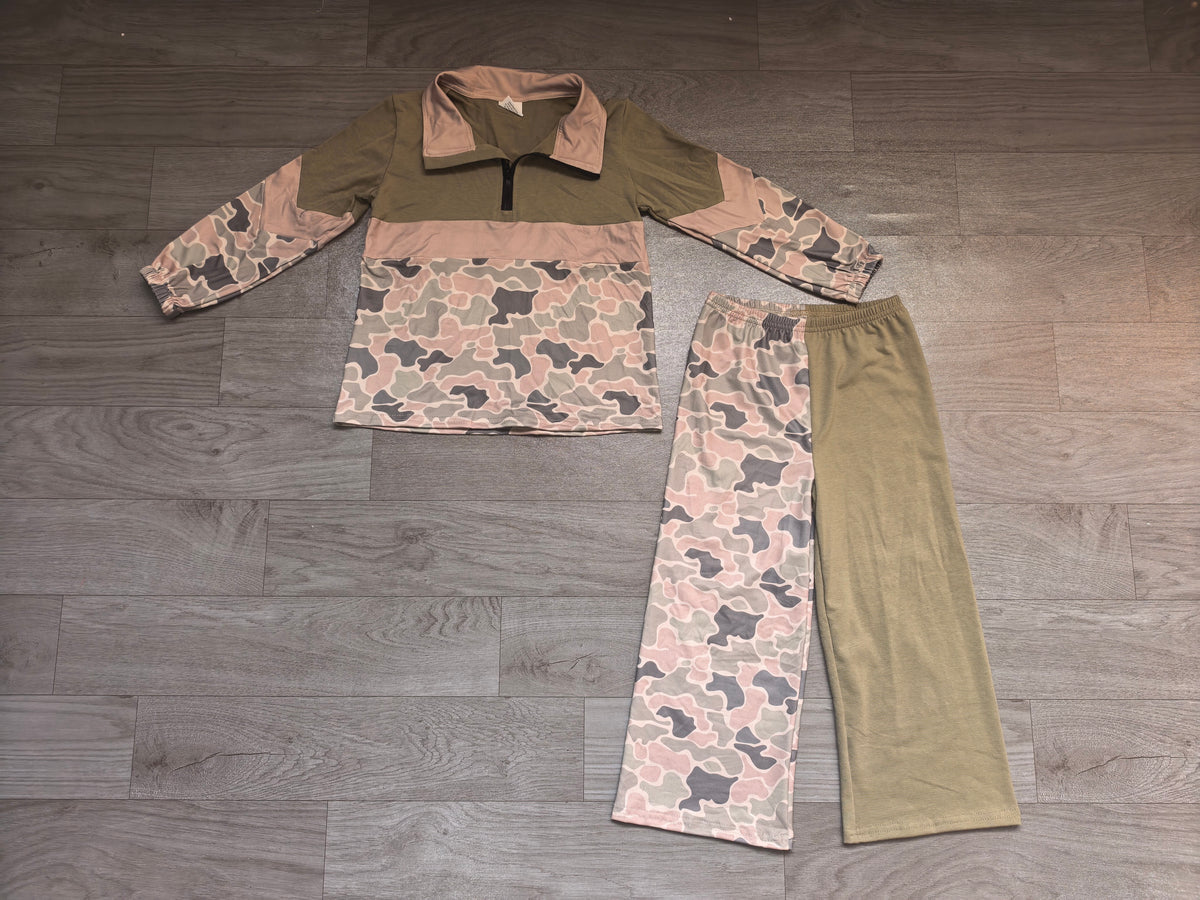 Sample-Real Pics GLP3803 Baby Girl Clothes Patchwork Camo Print Long Sleeve Half Zip Top Wide Leg Pant Set