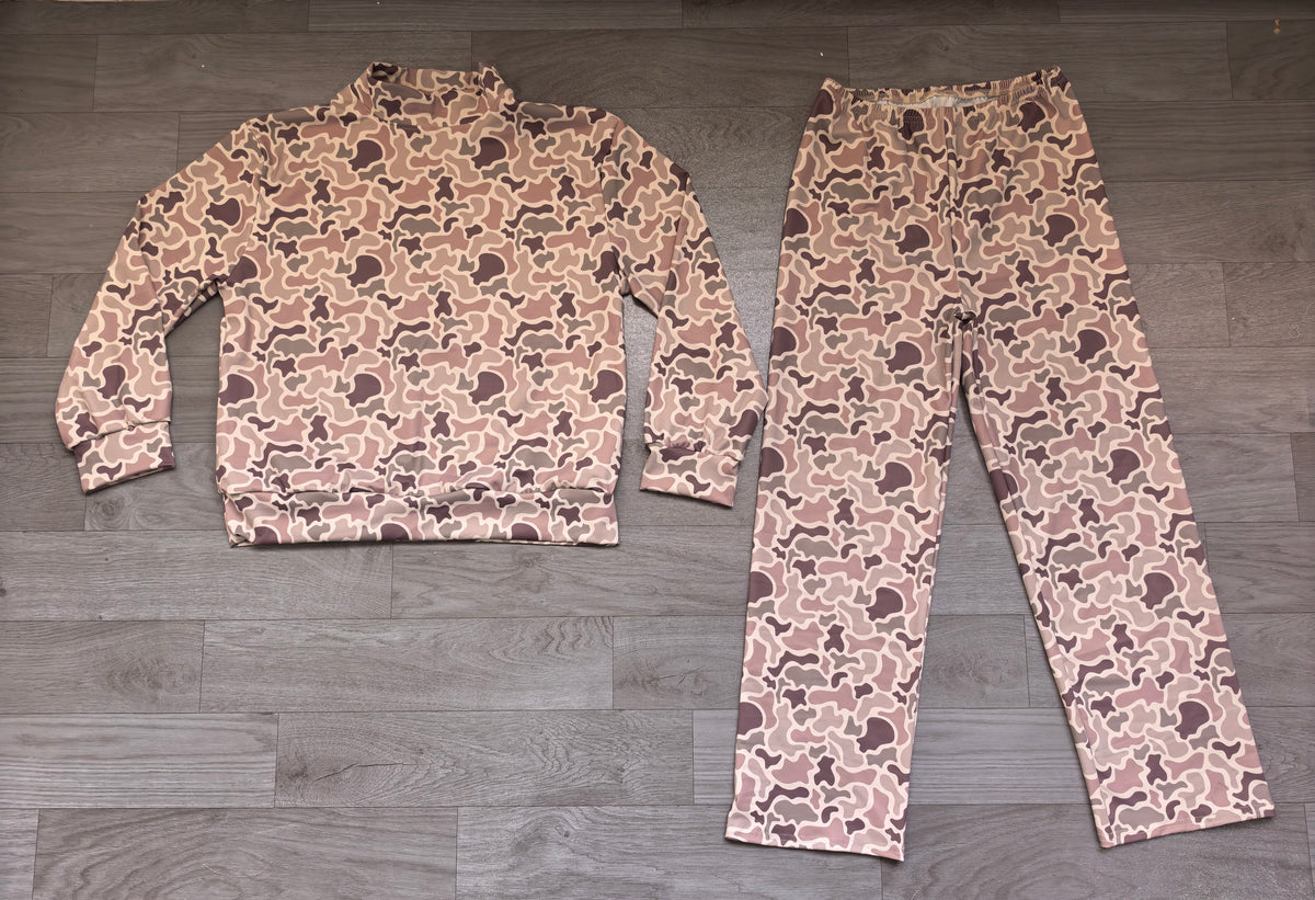 Sample-Real Pics GLP3820 Women Clothes Neutral Camo Allover Print Long Sleeve Mock Neck Top Wide Leg Pant Set
