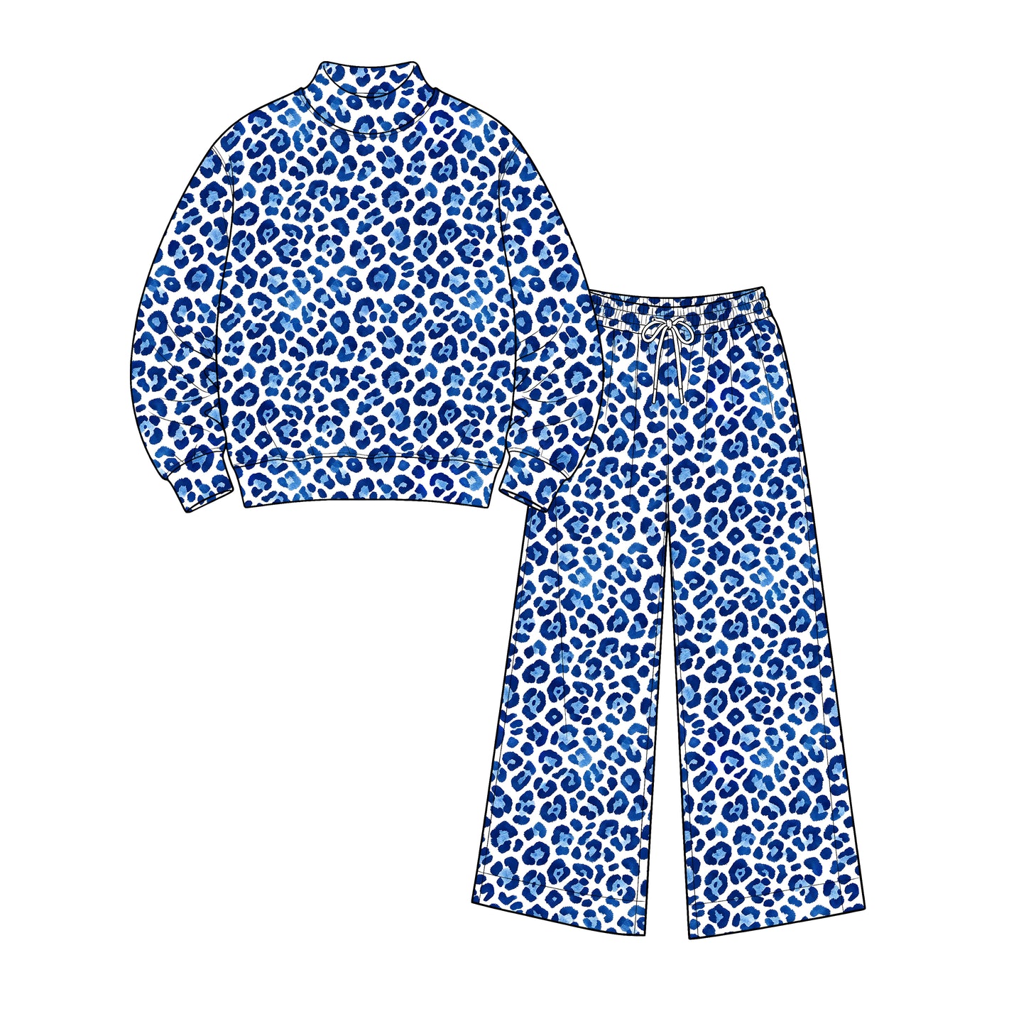 Preorder GLP3822 Blue Leopard Print Women’s Yoga Set – 2 Piece Stretch Pullover & Wide Leg Pants Active Loungewear