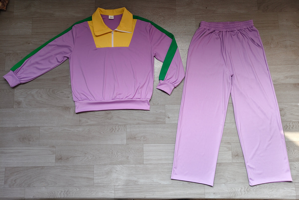 Sample-Real Pics GLP3827 Adult Women Clothes Color Block Stripe Long Sleeve Top Straight Pant Set