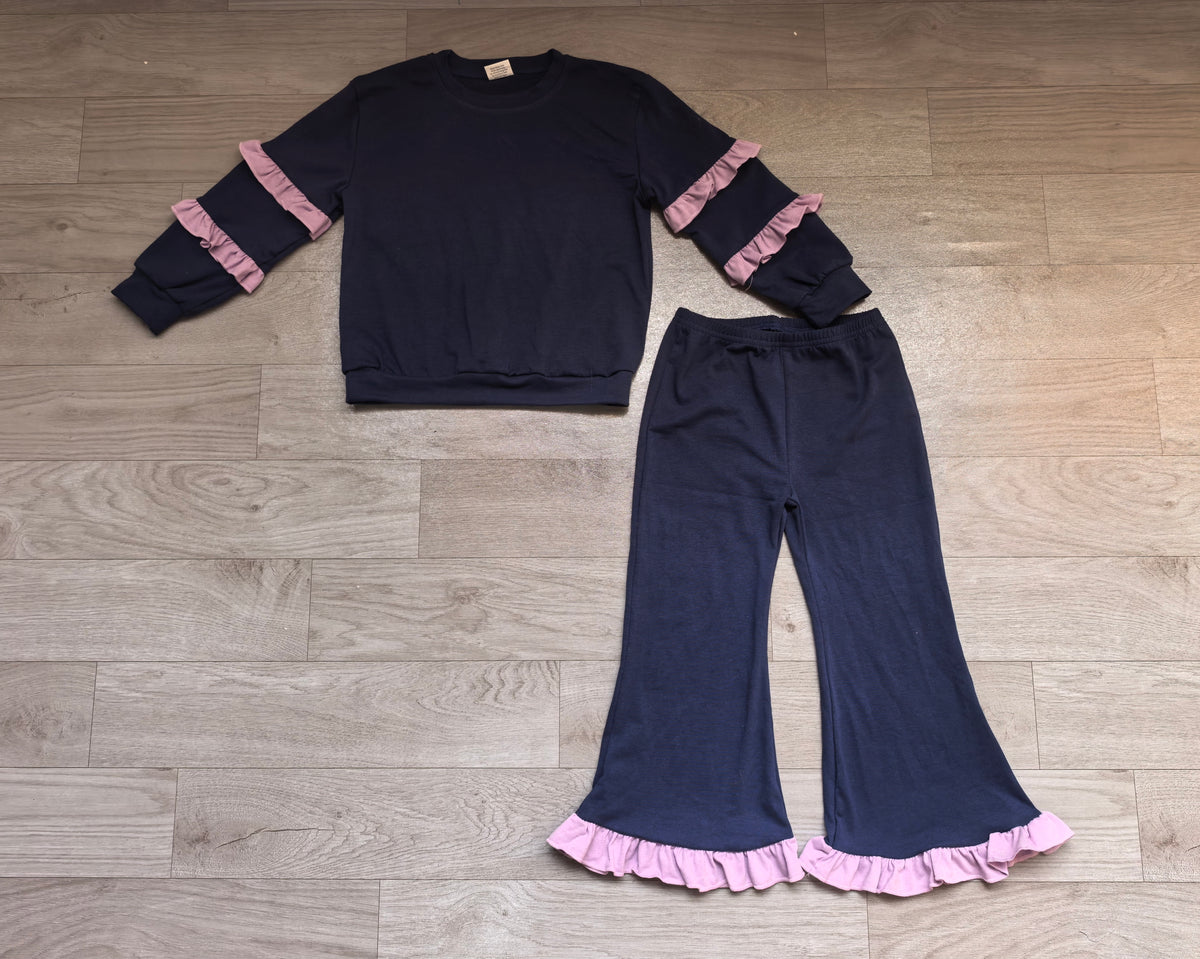 Sample-Real Pics GLP3838 Baby Girl Clothes Solid Color Contrast Purple Ruffle Print Long Sleeve Flare Pant Set