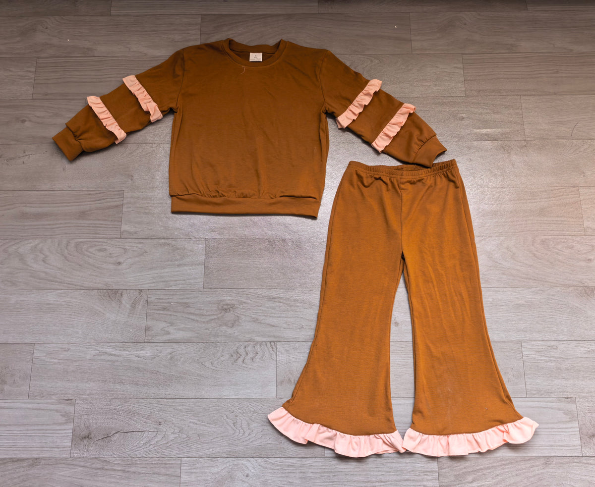 Sample-Real Pics GLP3842 Baby Girl Clothes Solid Color Contrast Pink Ruffle Print Long Sleeve Flare Pant Set